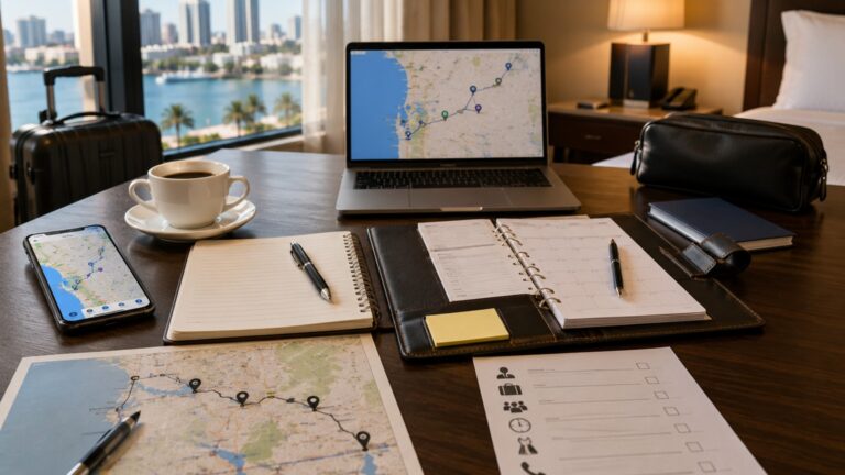 Multi-Stop Chauffeur Itinerary in San Diego planning desk with phone calendar and route notes