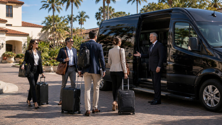 Multi-Stop Chauffeur Itinerary in San Diego corporate group arriving together in Sprinter-style vehicle