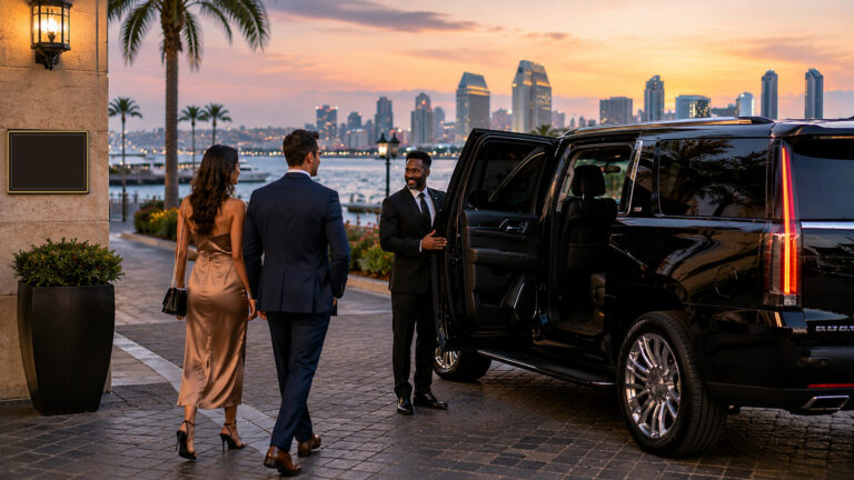 Multi-Stop Chauffeur Itinerary in San Diego scenic coastal stop with chauffeur and black vehicle