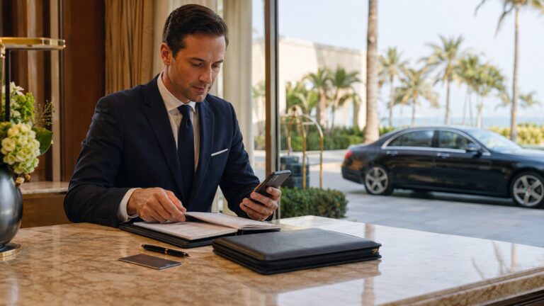 Private chauffeur booking details San Diego concierge desk with phone and travel folder before booking