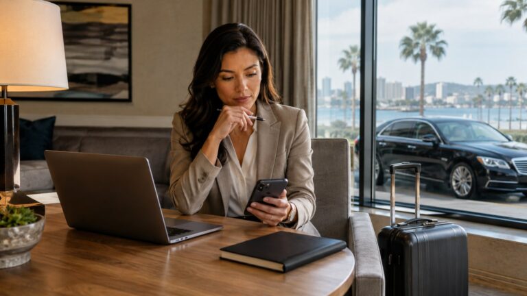 Private chauffeur booking details San Diego final booking review with laptop phone and travel items