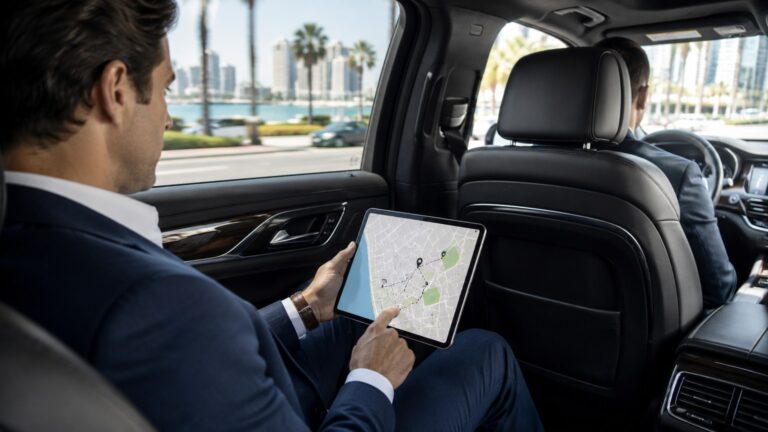 Private chauffeur booking details San Diego passenger reviewing multi-stop itinerary inside luxury vehicle