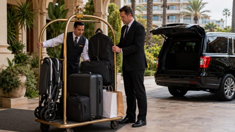 Private chauffeur booking details San Diego luggage and personal items prepared for chauffeur pickup