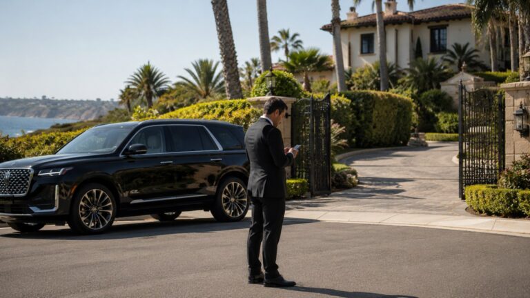Private chauffeur booking details San Diego chauffeur confirming gated residence pickup address