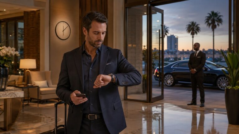 Private chauffeur booking details San Diego traveler checking timing before chauffeur pickup