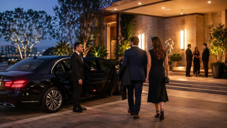 Private chauffeur booking details San Diego evening event pickup with chauffeur and black sedan