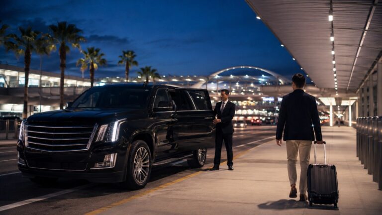 San Diego Airport After-Hours Transportation with chauffeur waiting beside black SUV at quiet SAN curbside