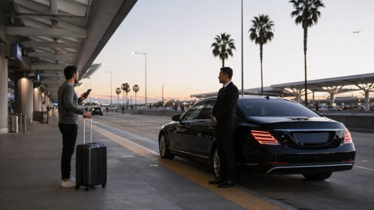 San Diego Airport After-Hours Transportation at quiet dawn curbside with traveler, suitcase, and black sedan