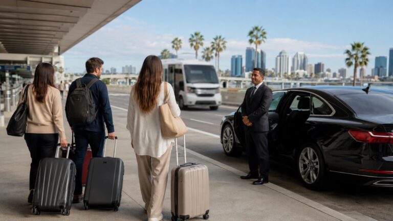 San Diego Airport to Downtown San Diego travelers comparing airport transportation options at SAN curbside