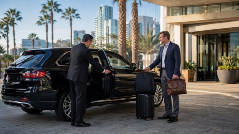 San Diego Airport to Downtown San Diego business traveler hotel transfer with chauffeur and black luxury vehicle
