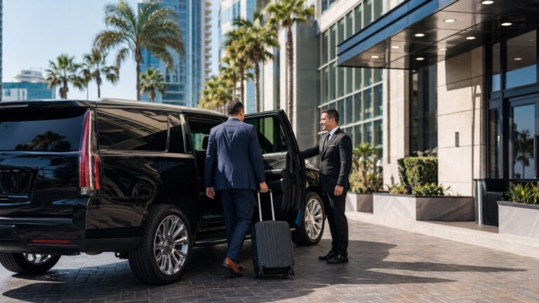 San Diego Airport to Downtown San Diego chauffeur assisting traveler with luggage at Downtown hotel entrance