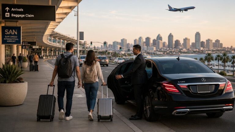 San Diego Airport to Downtown San Diego private car service pickup with chauffeur and luxury sedan
