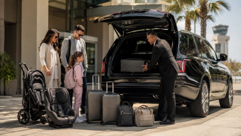 San Diego Airport Vehicle Size Guide family with stroller car seat and luggage using black SUV for airport pickup
