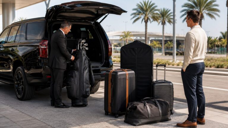 San Diego Airport Vehicle Size Guide oversized luggage golf clubs cruise bags and garment bag beside black SUV