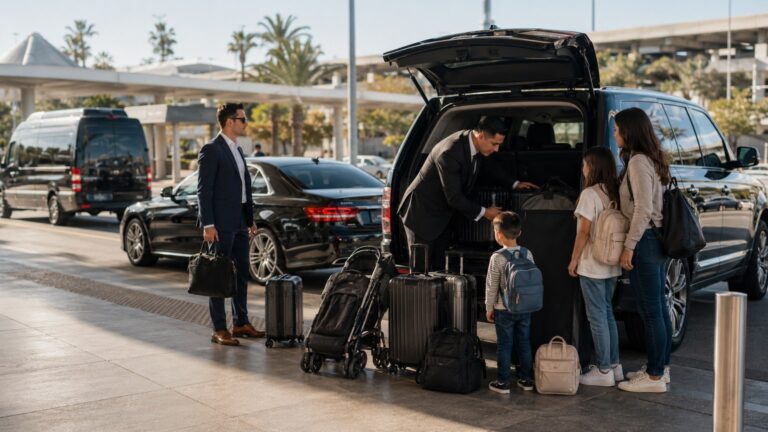 San Diego Airport Vehicle Size Guide chauffeur checking SUV cargo space with family luggage and stroller