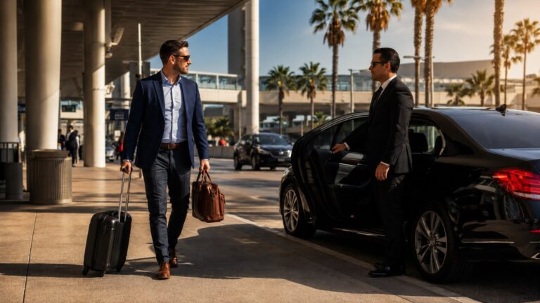 San Diego Airport Vehicle Size Guide solo business traveler with carry-on walking toward black sedan
