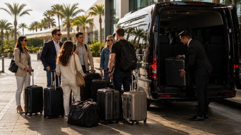 San Diego Airport Vehicle Size Guide group travelers loading multiple suitcases into black Sprinter van