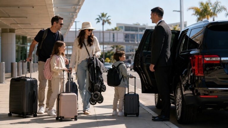 San Diego Airport With Kids family arriving at SAN with stroller, luggage, chauffeur, and black SUV