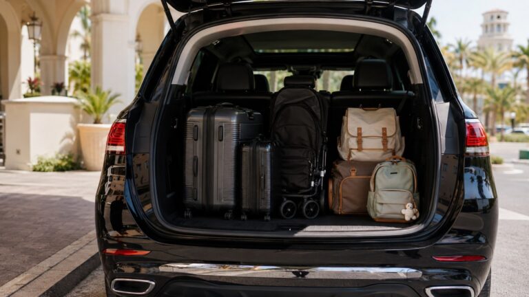 San Diego Airport With Kids SUV cargo space organized with luggage, stroller, backpacks, and family travel bags