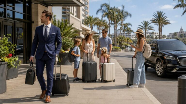 San Diego Transportation Guide business traveler family and leisure visitor with luggage near black vehicle