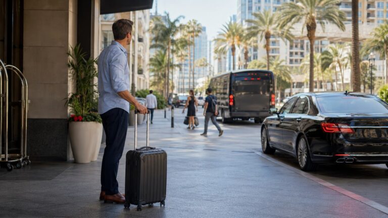 San Diego Transportation Guide traveler with luggage considering city transportation options outside San Diego hotel