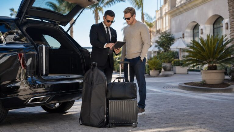San Diego Transportation Guide chauffeur and traveler planning routes with luggage beside black SUV