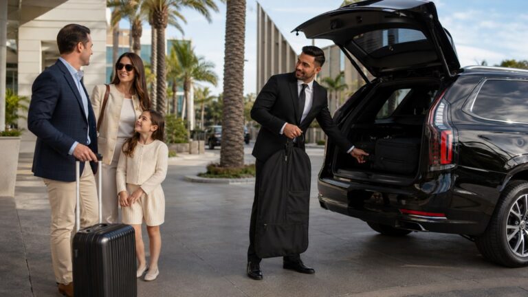 San Diego Transportation Guide chauffeur assisting travelers with luggage beside black luxury SUV
