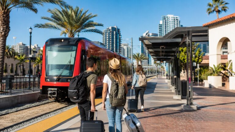 San Diego Transportation Guide travelers with luggage walking toward public transit trolley in Downtown San Diego