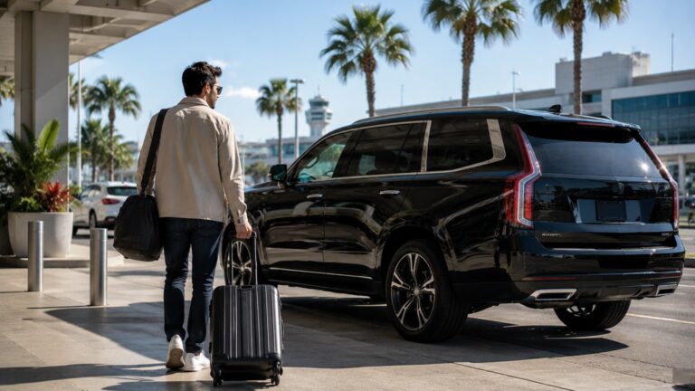 San Diego Transportation Guide traveler walking with luggage toward black SUV for regional San Diego travel