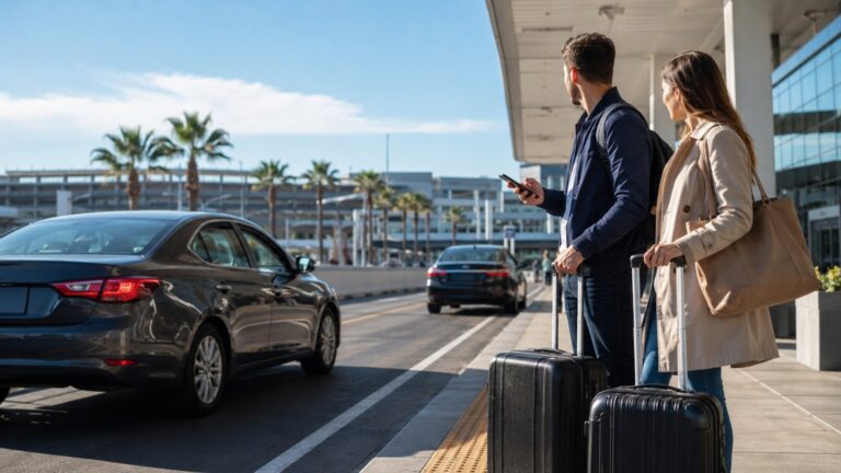San Diego Transportation Guide travelers with luggage using smartphone while waiting for rideshare pickup