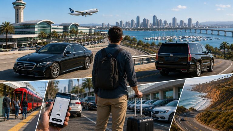 San Diego Transportation Guide showing airport transfers, private car service, public transit, rideshare options, and coastal travel routes