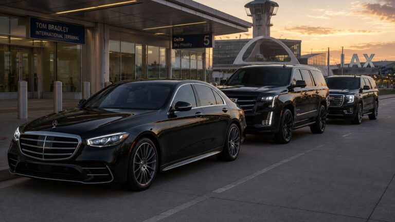 Luxury airport car service fleet with Mercedes-Benz sedan and luxury SUVs at LAX Airport