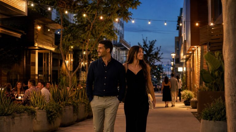 Where to stay in San Diego without renting a car travelers walking in a central San Diego hotel district