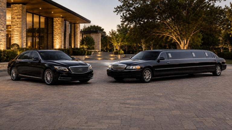Black Car Service vs Limousine in San Diego with executive sedan and traditional stretch limousine in premium setting