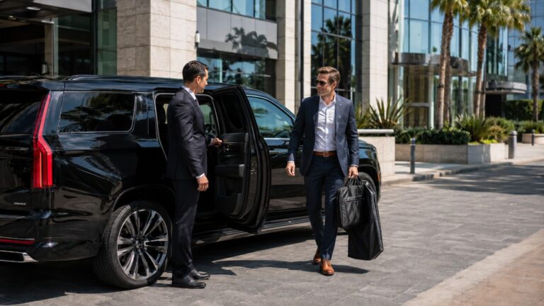 Book a chauffeur for multiple days with business traveler arriving at office in black SUV