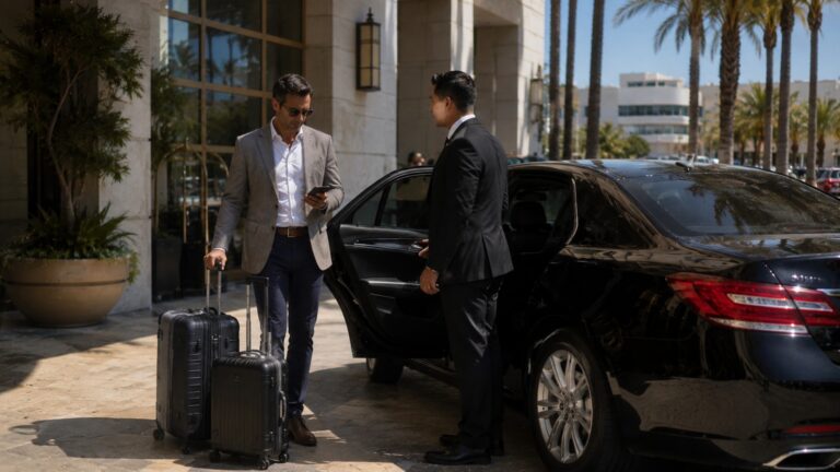 Book a chauffeur for multiple days with traveler meeting chauffeur at hotel beside black executive sedan