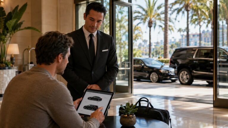 Choosing a Private Chauffeur Service in San Diego traveler reviewing chauffeur options with sedan and SUV outside
