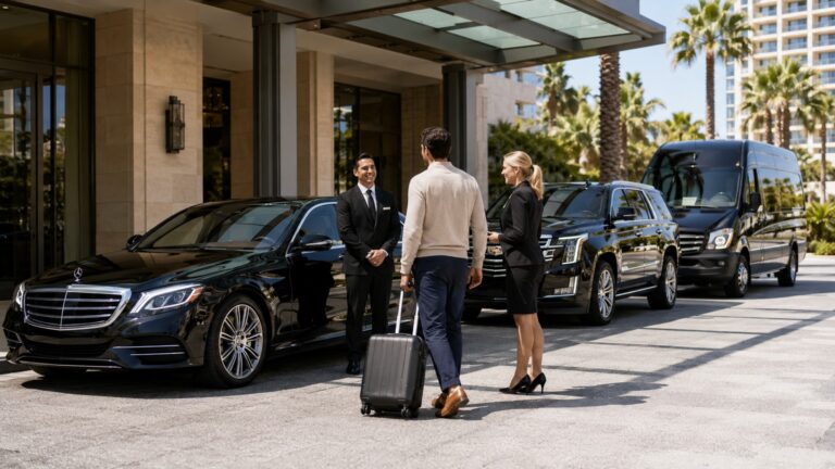 Choosing a Private Chauffeur Service in San Diego traveler comparing sedan SUV and Sprinter options at hotel entrance