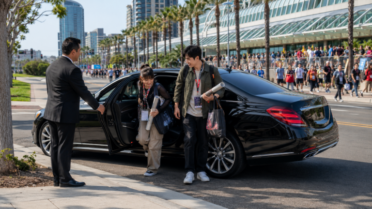 Comic-Con transportation in San Diego nearby drop-off with chauffeur assisting attendees from black sedan