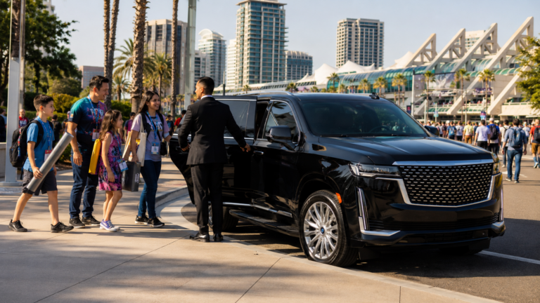Comic-Con transportation in San Diego with black SUV and chauffeur near downtown convention crowd