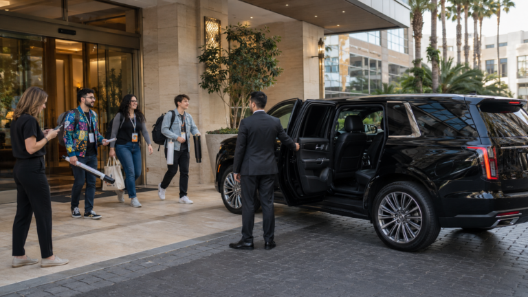 Comic-Con transportation in San Diego hotel pickup with chauffeur and attendees entering black SUV