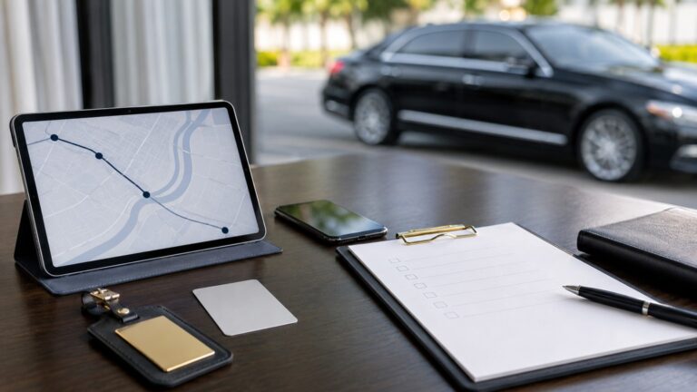 FBO pickup in San Diego booking checklist with route tablet and black car outside