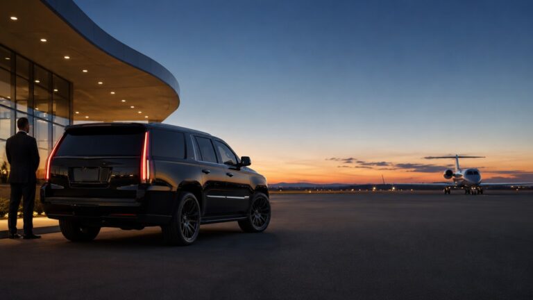 FBO pickup in San Diego with black SUV, chauffeur, and private jet at sunset near private aviation terminal