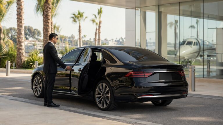 FBO pickup in San Diego with chauffeur and black sedan outside private aviation facility