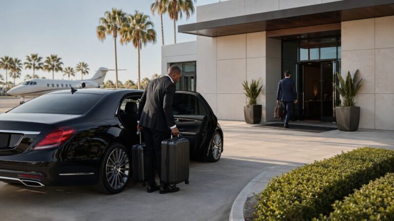 FBO pickup in San Diego with chauffeur unloading luggage from black sedan at private aviation terminal