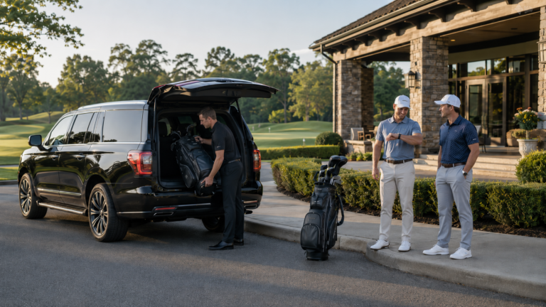 Golf Transportation in San Diego course arrival with chauffeur unloading golf bag at clubhouse