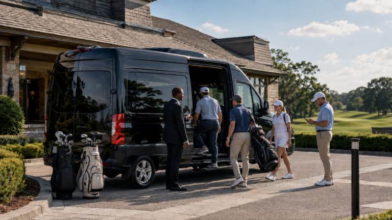 Golf Transportation in San Diego group boarding black Sprinter with golf clubs at clubhouse