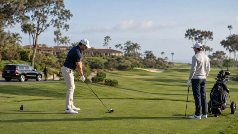 Golf Transportation in San Diego with golfers on tee box and black SUV near clubhouse
