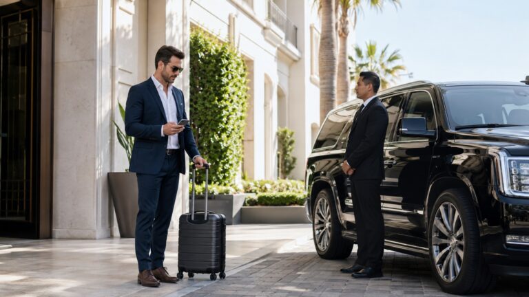 Private chauffeur booking mistakes to avoid - hero overview showing a traveler and chauffeur at a scheduled pickup in San Diego