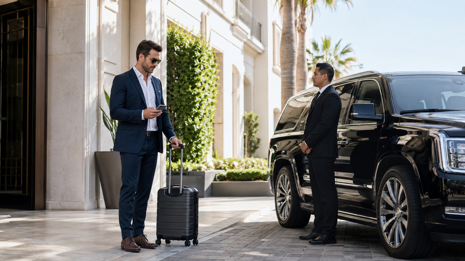 Private chauffeur booking mistakes to avoid - hero overview showing a traveler and chauffeur at a scheduled pickup in San Diego